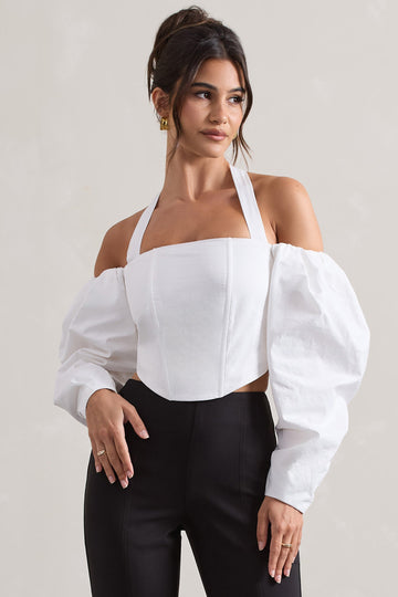 Theatric Ivory Halter-Neck Corset Top With Puff-Sleeves